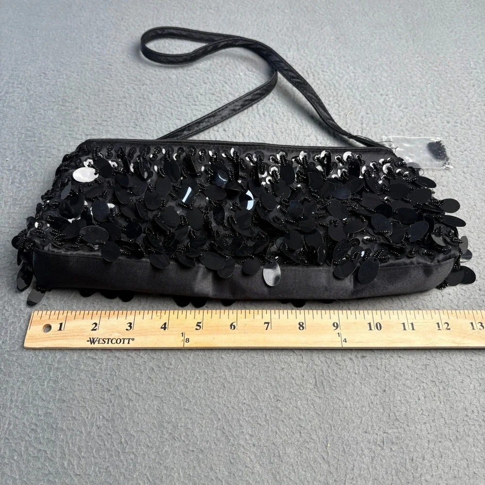 Sasha Black Satin Sequin Beaded Evening Bag Clutch Shoulder Purse Formal Wedding